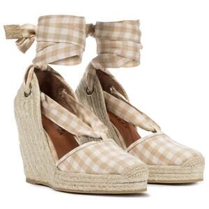 Altuzarra Stevie Checked Espadrille Wedges Gingham Wrap Tie High Heel Size 6.5